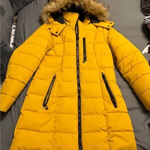 Noize Mustard Yellow Puffer Coat with Faux Fur Hood